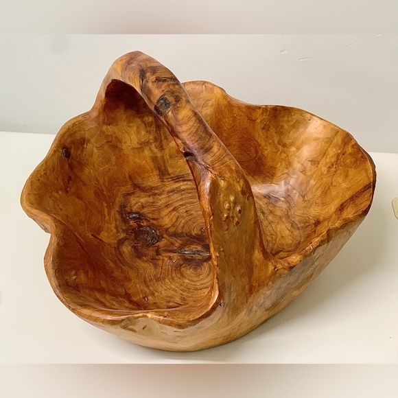Mid Century Vtg Artisan Hand Carved Solid Tree Burl Wooden Fruit Bowl Basket - Picture 5 of 16